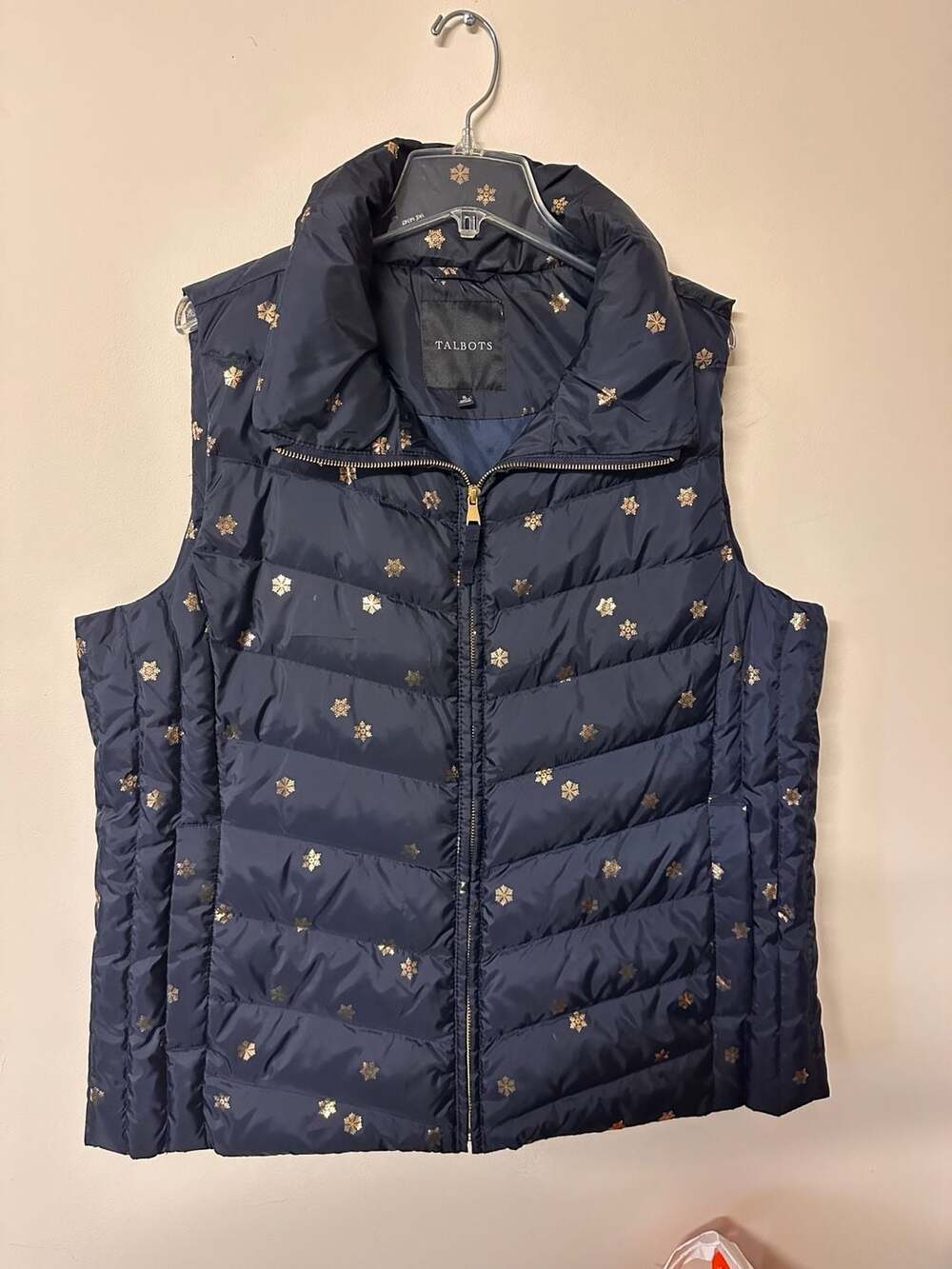 Talbots Quilted Puffer Vest Size X Navy Gold Snowflake Print